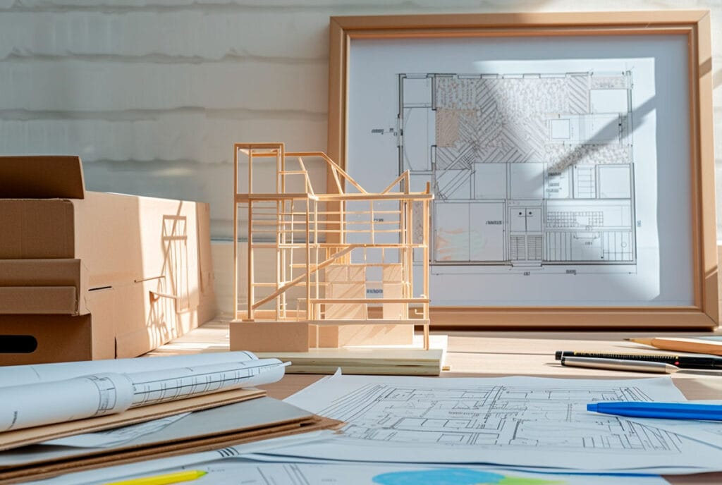 Planos y una maqueta de arquitectura