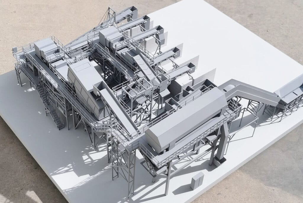 Maqueta industrial de planta de reciclaje vista superior