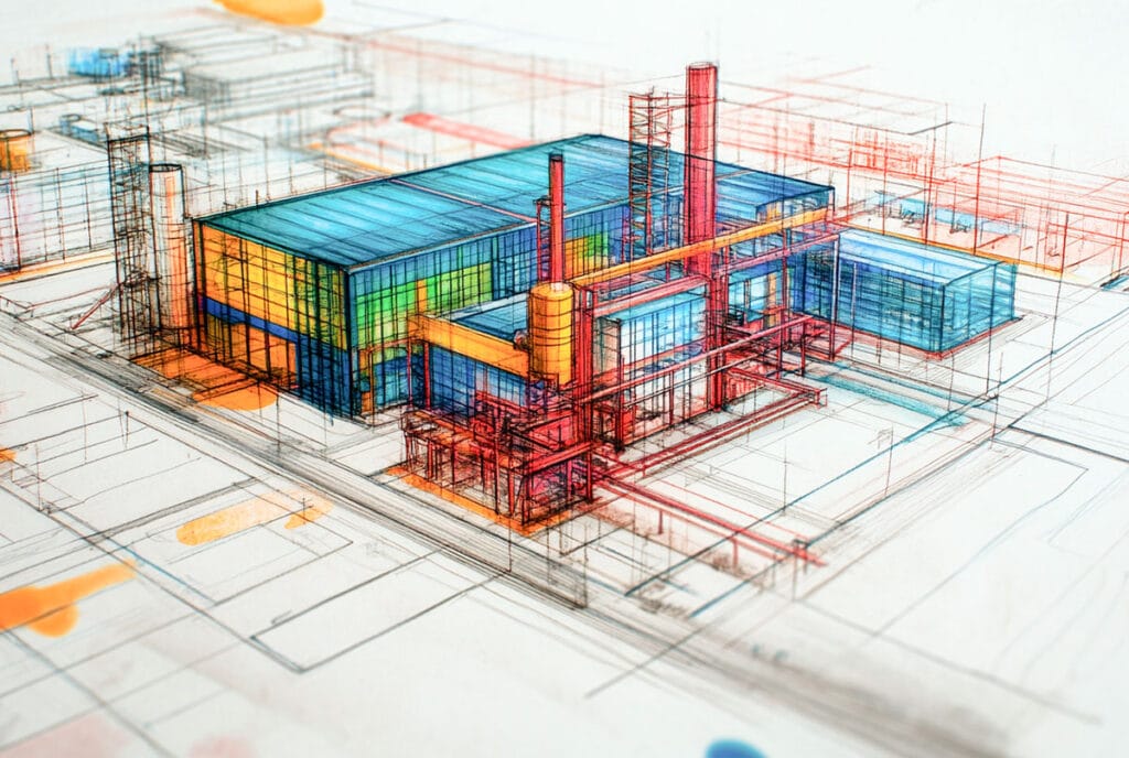Boceto de maqueta para planta industrial