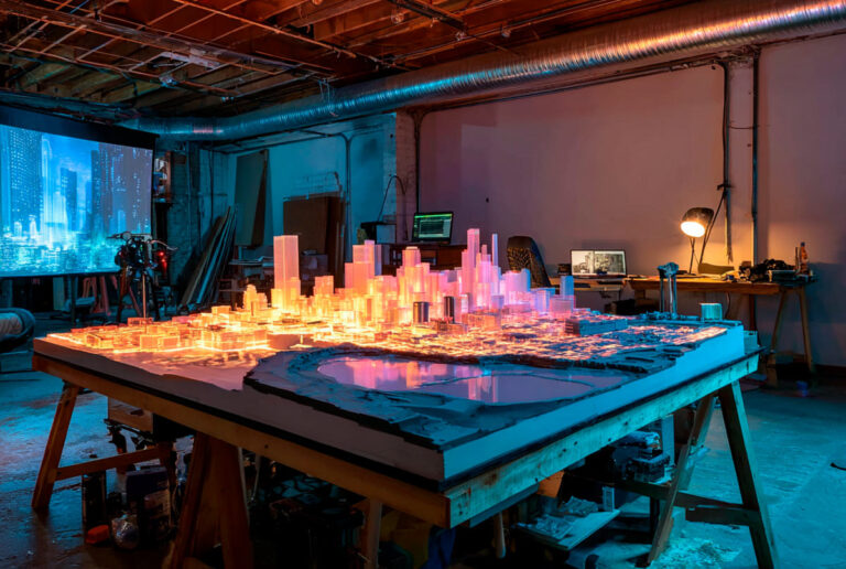 Video mapping sobre maqueta de ciudad